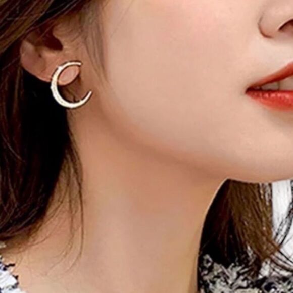 Gold Crystal Cosmos Asymmetrical Star Moon Post Earrings - Picture 3 of 3